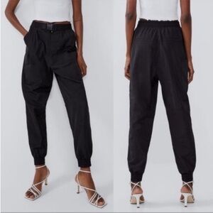 Zara High-Rise Tactical Cargo Joggers Pants Flight Buckle Belt Parachute Black M